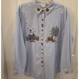 FALLS CREEK Vtg Embroidered Fall Chambray Shirt Scarecrow Apples Sz 22W Folk Art